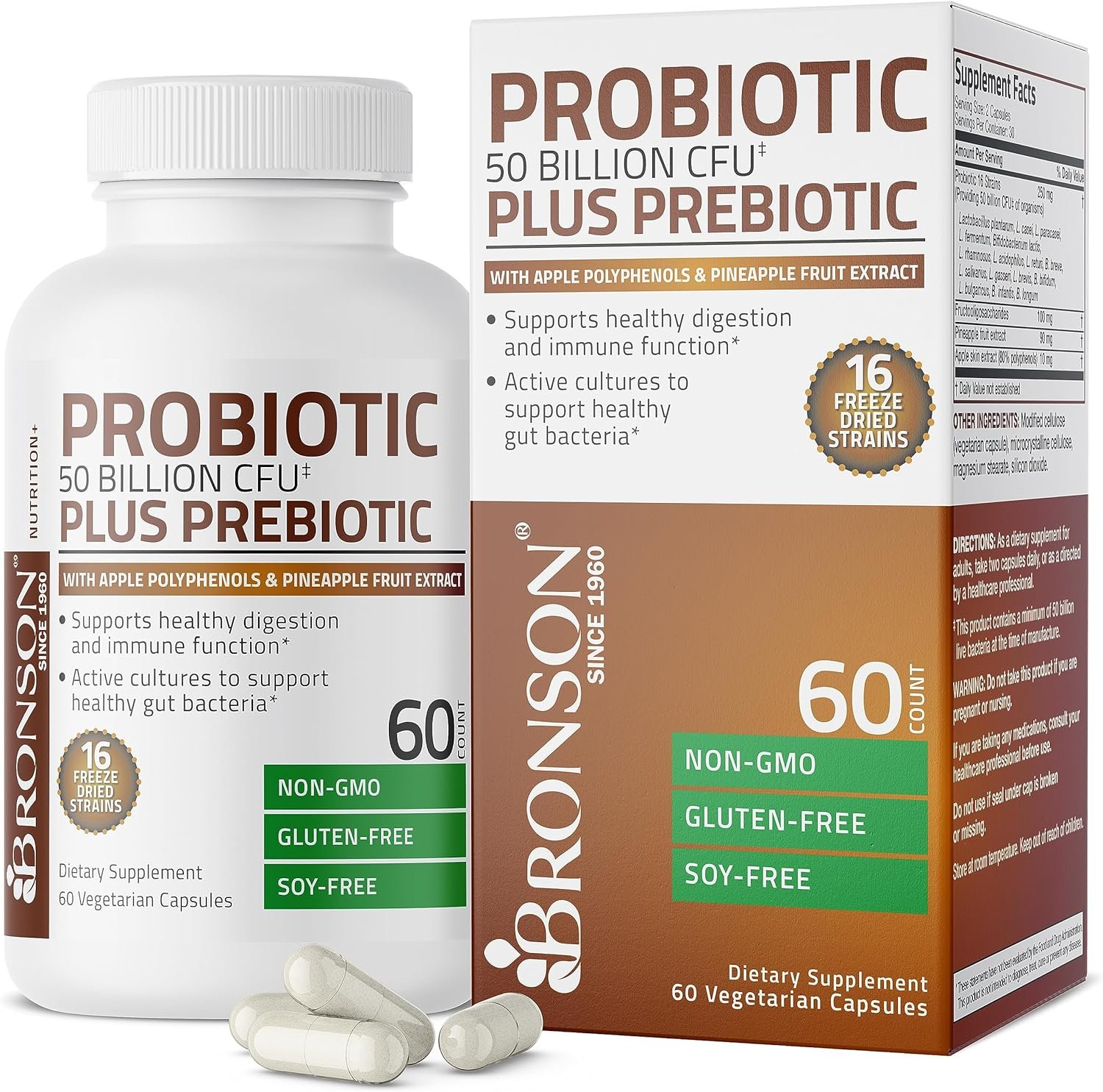 Bronson Probiotic 50 Billion CFU + Prebiotic With Apple Polyphenols ...