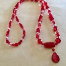 Handmade red and white long necklace with pendant