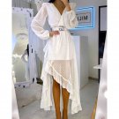 European American New Style Sexy V-Neck Narrow-Waist Chiffon Fungus Edge Irregular Dress