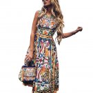 European American Vintage Printed V-Neck Sleeveless Short Dress Women