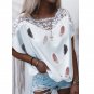 European American New Style Batwing Sleeves Pullover Feather Print Loose T-Shirt Lace Stitching Roun