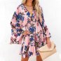 European American Fashion Printed Flared Long Sleeve v-Neck Stitching Casual Dress Women