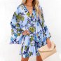 European American Fashion Printed Flared Long Sleeve v-Neck Stitching Casual Dress Women