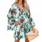 European American Fashion Printed Flared Long Sleeve v-Neck Stitching Casual Dress Women