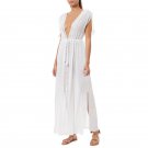 European American New Style Crinkled Fabric Patchwork Lace Beach Skirt Sexy Deep V-Neck Vacation Lon