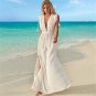 European American New Style Crinkled Fabric Patchwork Lace Beach Skirt Sexy Deep V-Neck Vacation Lon