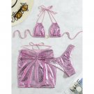 European American Snakeskin Pattern Drawstring Laced-Up Three-Piece Short Skirt Bikini S