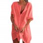 Women Shirt Solid Color Loose Summer Short Sleeve Round Neck Blouse for Party