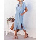 Spring Summer Women's New Style Solid Color Denim Short-Sleeved Long Slit Shirt Dress