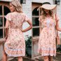 Summer New Style Dress High Waist Short Sleeve v-Neck Long Bohemian Floral Skirt
