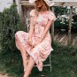 Summer New Style Dress High Waist Short Sleeve v-Neck Long Bohemian Floral Skirt