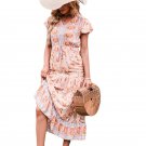 Summer New Style Dress High Waist Short Sleeve v-Neck Long Bohemian Floral Skirt