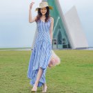 New Style V-Neck Striped Slimmer Look Sling Dress Irregular Long Ski