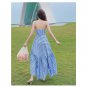New Style V-Neck Striped Slimmer Look Sling Dress Irregular Long Ski