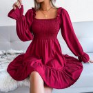 Solid Color Dress European American Square Neck Flared Long Sleeve Ruffled Large Swing
