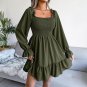 Solid Color Dress European American Square Neck Flared Long Sleeve Ruffled Large Swing