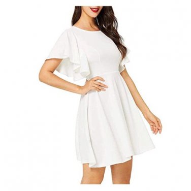 Short Dress Solid Color Round Neck Stitching Ruffle Sleeve Large Swing