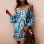 Summer European American Printed Round Neck Hollow Short Sleeve Cold Shoulder Sexy Sling Dress