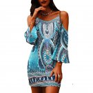 Summer European American Printed Round Neck Hollow Short Sleeve Cold Shoulder Sexy Sling Dress
