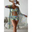 Sexy European American Swimsuit Women Split Bikini Mesh Three-Piece Set Boxer High Waist Long Sleeve