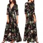 Party Beach Bohemian Women Vintage Flower Leaf Print V Neck Big Swing Maxi Dress