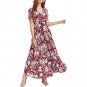 Party Beach Bohemian Women Vintage Flower Leaf Print V Neck Big Swing Maxi Dress