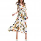 Party Beach Bohemian Women Vintage Flower Leaf Print V Neck Big Swing Maxi Dress