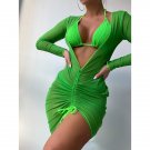 New European American Solid Color Sexy Bikini Swimsuit Mesh Long-Sleeved Blouse Split Three-Piece