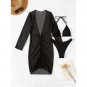 New European American Solid Color Sexy Bikini Swimsuit Mesh Long-Sleeved Blouse Split Three-Piece
