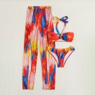 New European and American printing neck hanging gauze long skirt triangle bikini swimsuit three piec