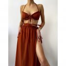 New Solid Color Three-Piece Swimsuit Chiffon Cover Skirt Laced-Up Sexy Bikini