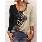 Autumn Winter Loose Long-Sleeved Geometric Reckless U-Neck Button T-Shirt Women