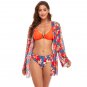 [European American Three-Piece Swimsuit Women] Sexy Split Triangle Bikini Digital Printing Long Blou