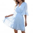 2022 Summer New Style V-Neck Solid Color Polka Dot Chiffon Dress