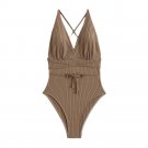 Bikini Swimsuit Ladies Sexy Deep V Style Amazon Foreign Trade Solid Color One-Piece Swim