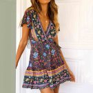 Women Bohemia Style Floral Print Beach Bandage Falbala V-Neck Short Sleeve Dress
