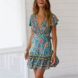 Women Bohemia Style Floral Print Beach Bandage Falbala V-Neck Short Sleeve Dress