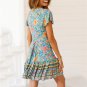 Women Bohemia Style Floral Print Beach Bandage Falbala V-Neck Short Sleeve Dress