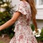 Women Bohemia Style Floral Print Beach Bandage Falbala V-Neck Short Sleeve Dress