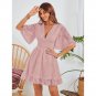 Short Skirt Summer Pullover V-Neck Chiffon Hollow Flower Ruffle Sleeve Classy Ruffled A-Line Dress