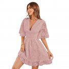 Short Skirt Summer Pullover V-Neck Chiffon Hollow Flower Ruffle Sleeve Classy Ruffled A-Line Dress