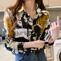 Women Long Sleeve Scrawling Letters Print Buttons Chiffon Shirt Blouse