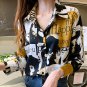 Women Long Sleeve Scrawling Letters Print Buttons Chiffon Shirt Blouse