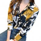 Women Long Sleeve Scrawling Letters Print Buttons Chiffon Shirt Blouse