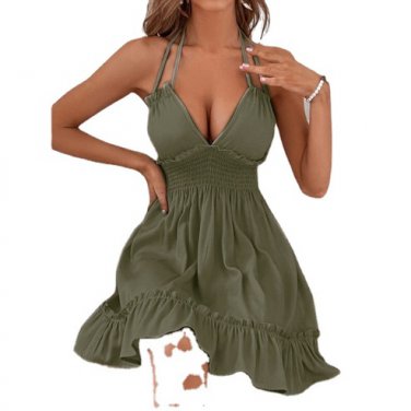 Solid Color Deep V Sling Fungus Edge Parallel Crinkle Dress