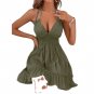 Solid Color Deep V Sling Fungus Edge Parallel Crinkle Dress