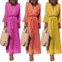Plus Size Women Bohemian Flower Print Deep V Long Sleeve Bandage Maxi Dress