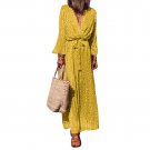 Plus Size Women Bohemian Flower Print Deep V Long Sleeve Bandage Maxi Dress