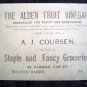 1880s Alden Fruit Vinegar -  A J Coursen - Staples & Fancy Groceries ~Trade Card