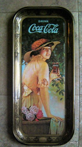 Drink Coca Cola Gold Metal Tray Young Girl in Hat with Roses Design 1972 USA